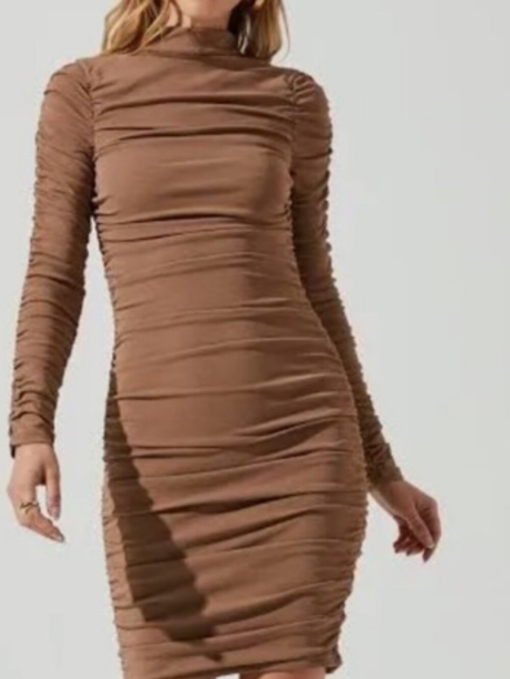 ASTR Ruched Bodycon Long Sleeve Mini Dress Tan Stretchy Size Large